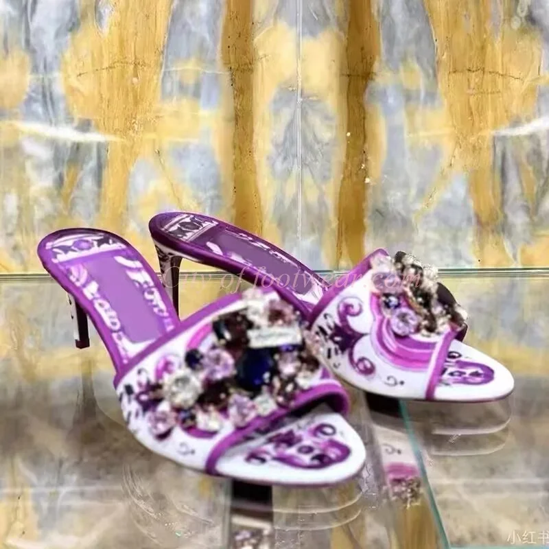 

Purple/Yellow Printed Crystal Gem Luxury Slippers Women's Summer New in Leather Diamond High Heels Mules Designer Party Shoes