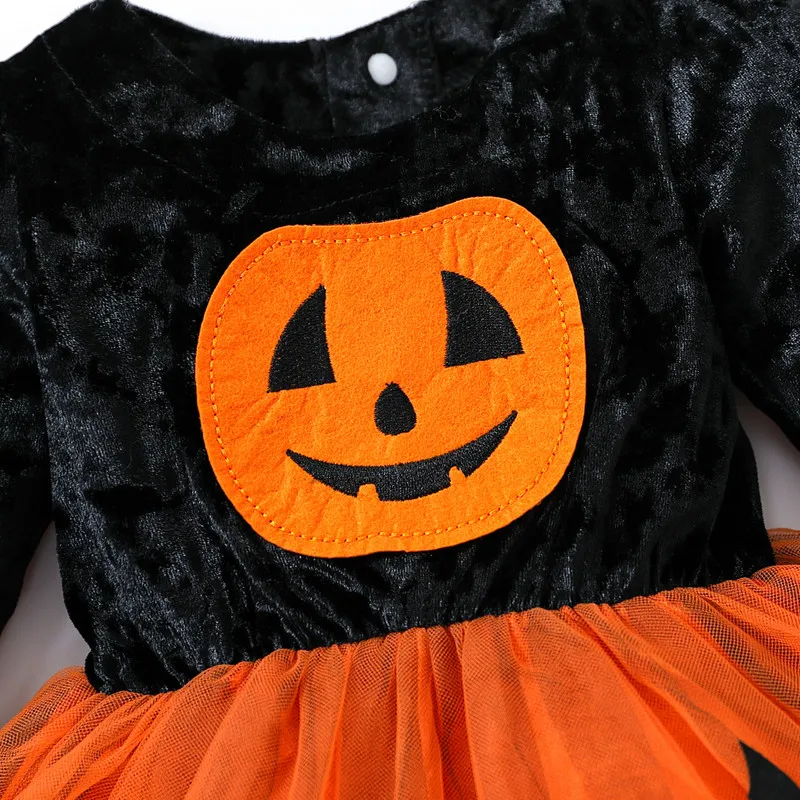 Halloween Toddler Kids Girls Dress Pumpkin Bat Pattern Multi-Layered Mesh Tulle Patchwork Dress Party Round Neck Dress