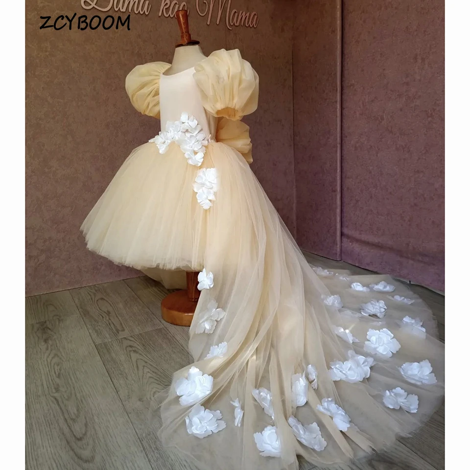 Lovely O-Neck High-Low Puff Sleeves Bow Flower Girl Dress For Wedding 2023 Ball Gown Sweep Train Princess First Communion Gowns