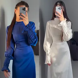 Wiosna Eid Muslim Dress Women Abaya Slim Fit Petal Sleeve Satin Morocco Party Dresses Ramadan Islam Dubai Arab Long Robe 2024