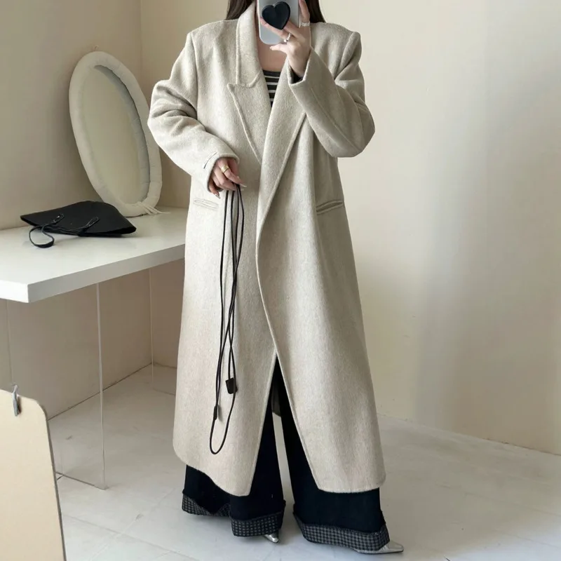 EAEOVNI 기품 있는 100% 울 롱코트 여성 패션 솔리드 컬러 레이스업 디자인 오피스 레이디 재킷 2025 가을 겨울 신상