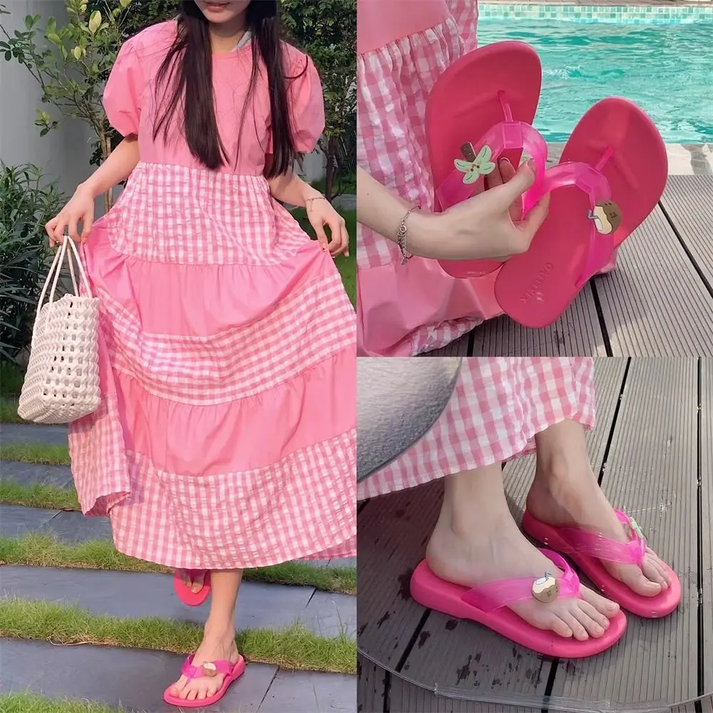 

Sweet Transparent Strap Women Flat Flip Flops EVA Anti Slip Beach Thong Sandals Cartoon Shoes Platform Slippers Indoor Outdoor