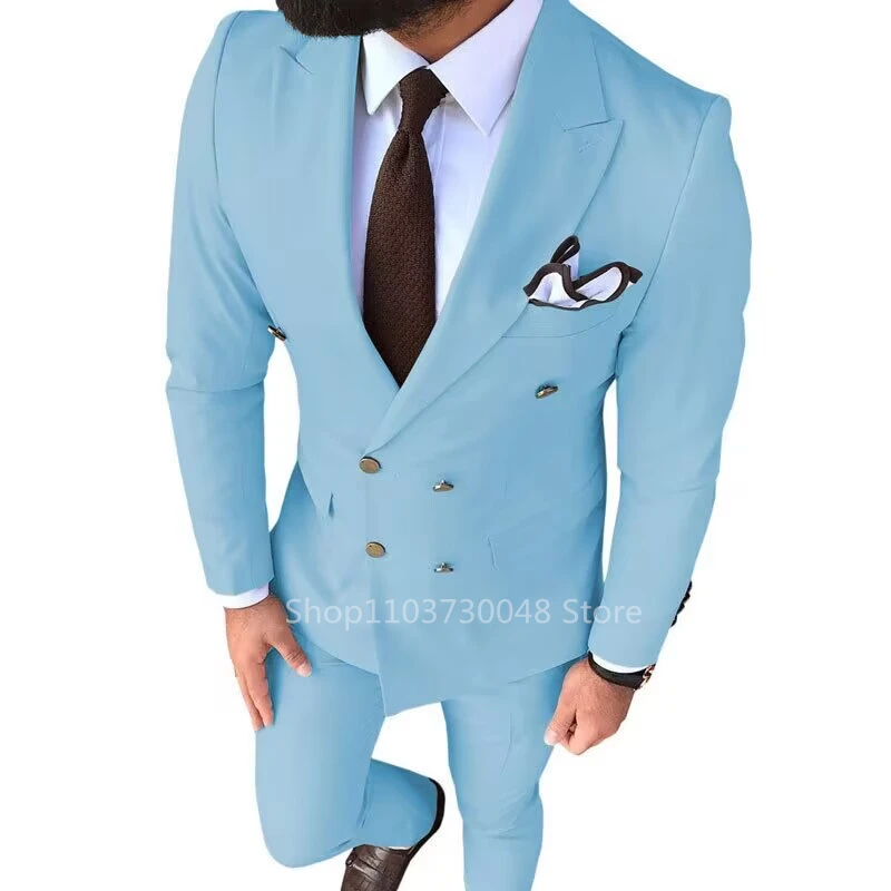 

Formal 2PCS Men Tuxedo Fashion Blazer Pants Business Men Suits Double Breasted Peaked Lapel Formal Party Wedding Groom Tuxedos