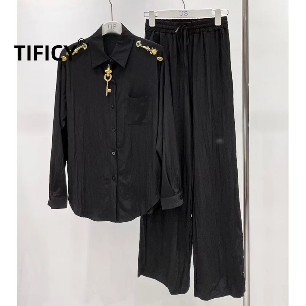 

high street 2pcs set Women's Spring Heavy metal decoration Shirt with Straight Leg Pants Fashionable Two-piece Set
