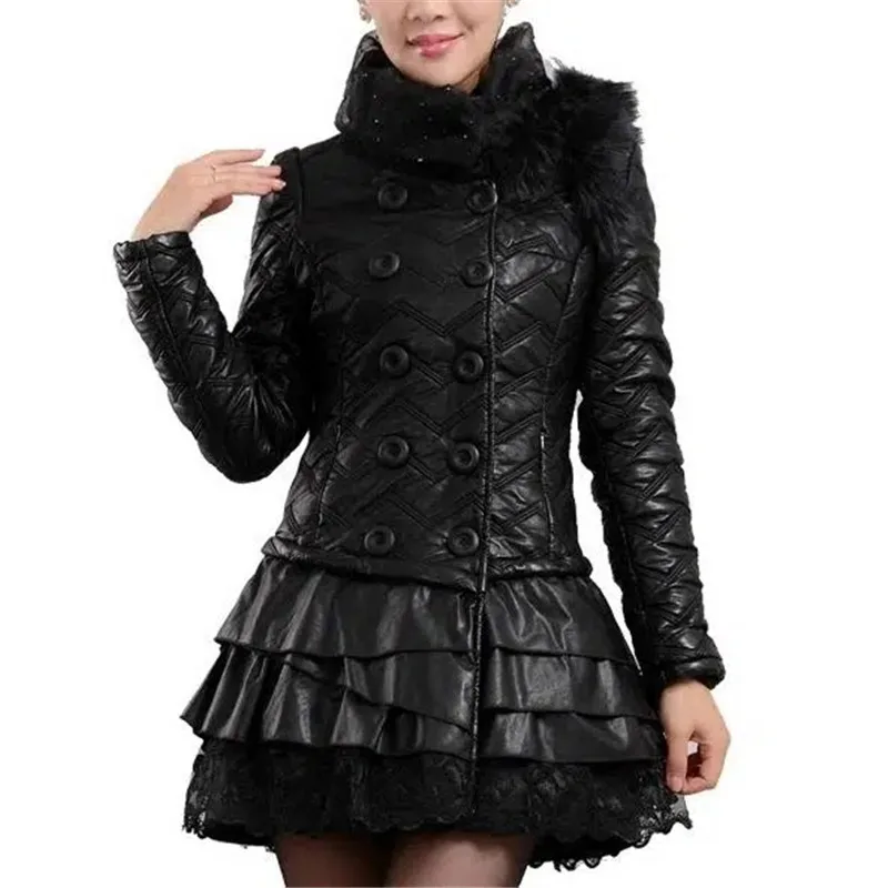 Pi Cotton-Padded Jacket Paikes Women Fox Fur Collar PU Leather Coat Fashion Autumn Winter Jacket Mid-Length Leather Cotton Coat