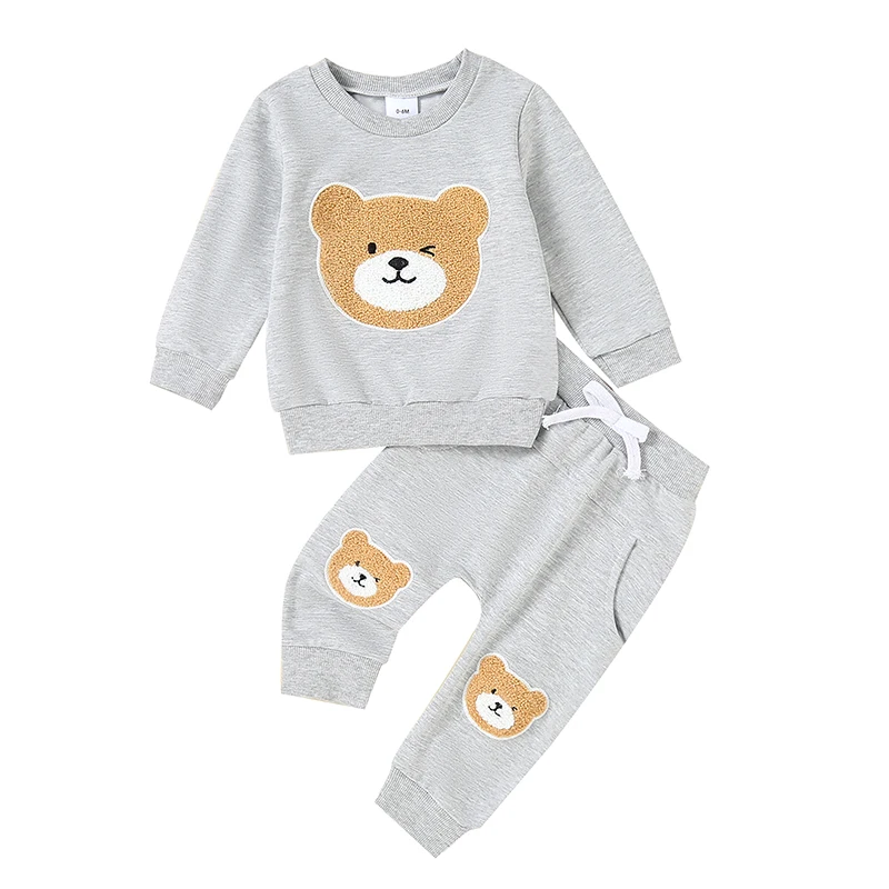 Baby 2 Piece Fall Outfit Bear Embroidery Long Sleeve Sweatshirt and Elastic Pants Set for Newborn Infant Fall Clothes