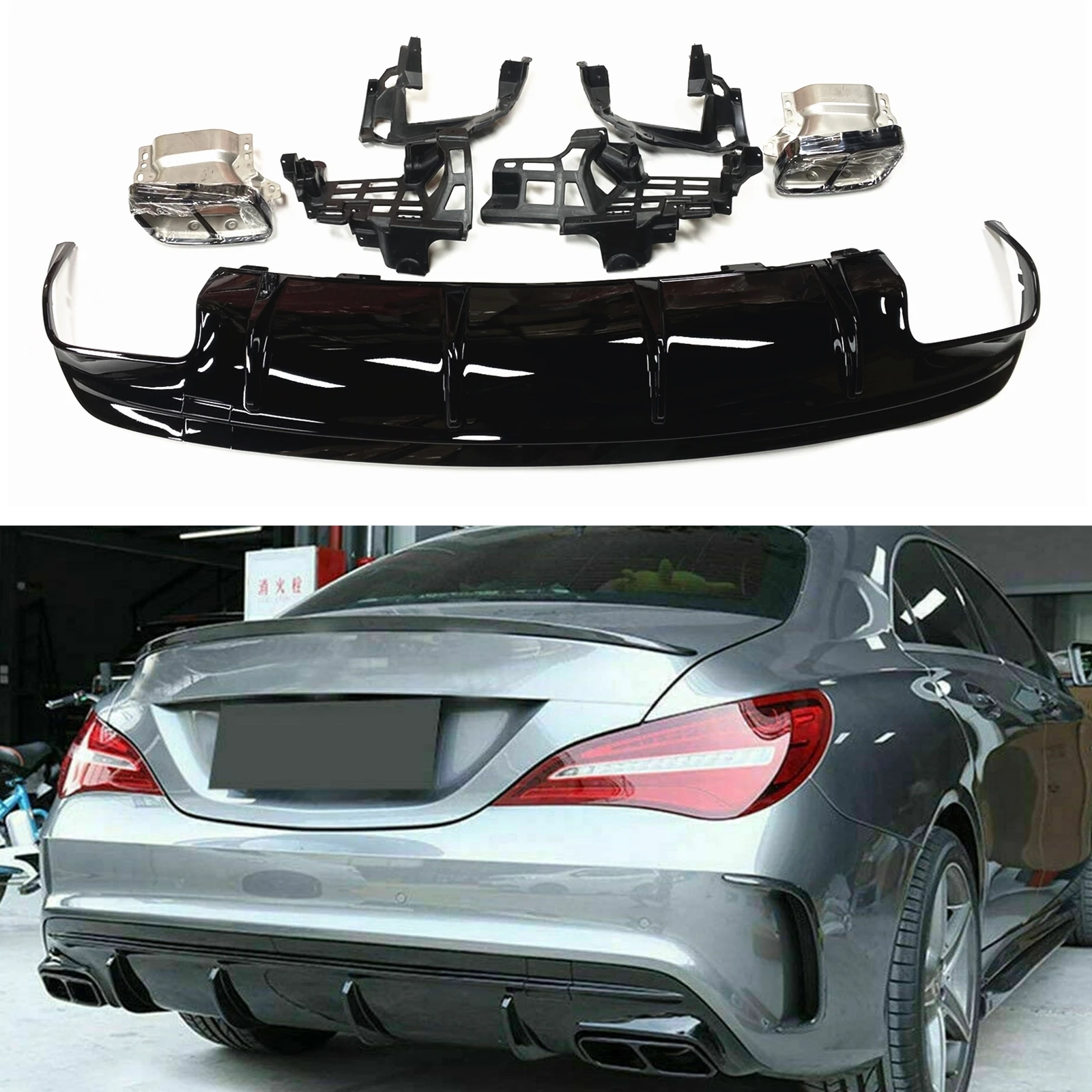 For Mercedes Benz W117 C117 CLA Class CLA45 AMG CLA200 2013-2019 Sport Rear Bumper Diffuser Lip+Exhaust Muffler Pipe+Bracket Kit