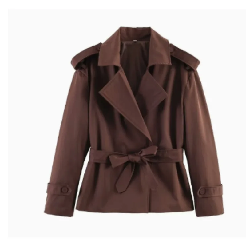 Aliexpress\'s Best-selling Cross-border European and American Style Women\'s Solid-color Belted Short Jacket Trench Coat Fashion