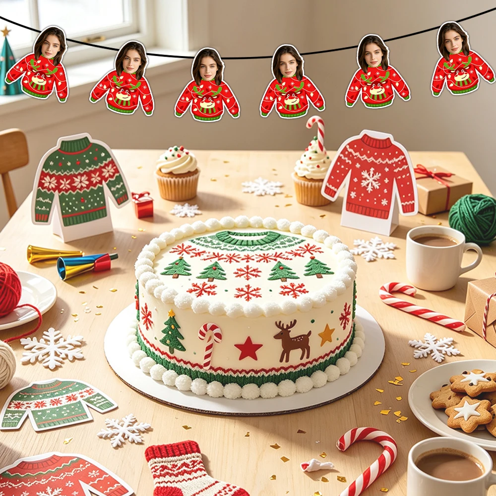 Custom Face Christmas Sweater Banner, Personalized Photo Ugly Xmas Cutout Garland Holiday Party Wall Decor