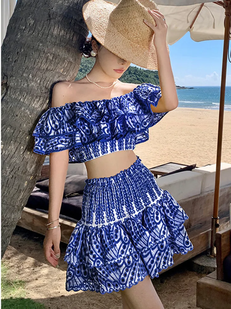 Embroidery Print Two Piece Sets For Women Slash Neck Short Sleeve Tops High Waist Skirts Summer Set Female Fashion New 2024