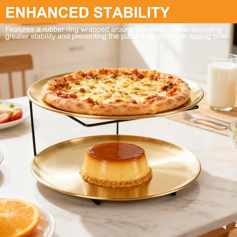 12-Piece Pizza Pan Riser Stand Set: Includes 4 Metal Pizza Table Stands + 4 Pizza Pans (11.8in) + 4 Wood-Handled Pie Servers, Perfect for Weddings, Birthdays, Christmas & Home Restaurant Party