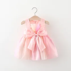 Baby Girl Dress Summer Girl Big Bow and Colorful Mesh Spliced Zipper Back Sleeveless Princess Dress