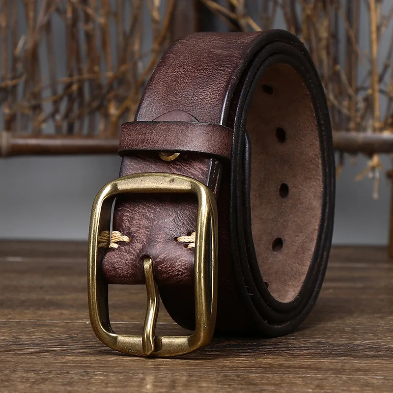 Factory Full Grain Man Belt 3.8CM vintage top layer cowhide pleated belt men's genuine leather needle buckle casual denim belt