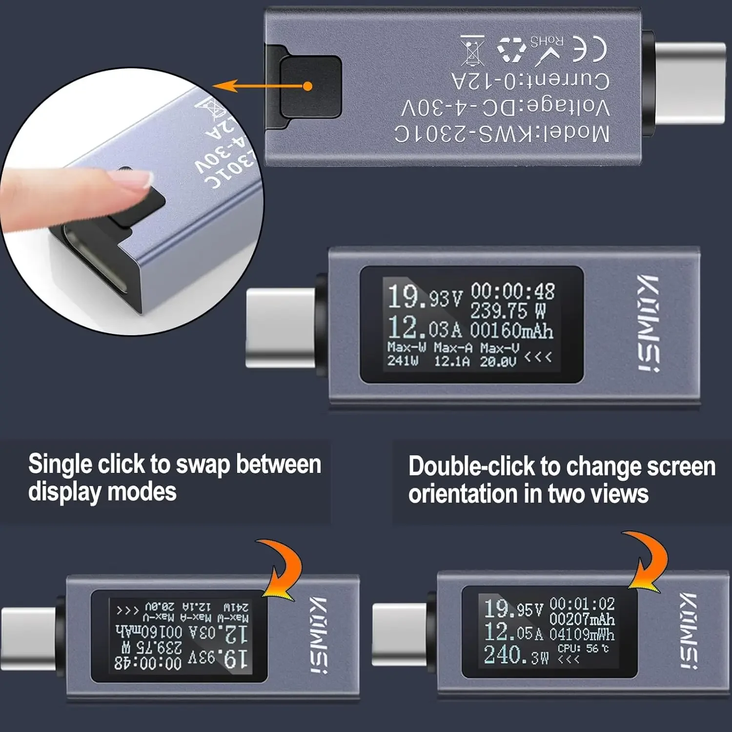 KWS-2303C Series USB Charging Tester Type-C Digital Display DC Voltage Ammeter 4-30V Energy Meter Current Power Detector