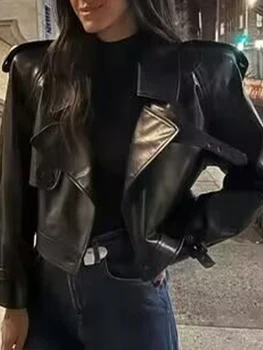 בגדי נשים חדשים בסגנון אירופאי ואמריקאי פשוט תכליתי אופנוע ארוך טווח מעיל עור קצר