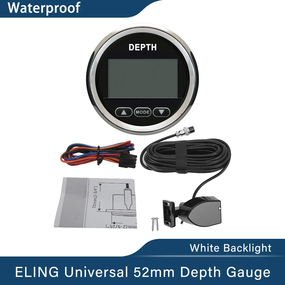 Elling Nieuwste 52Mm Digitale Dieptemeter Indicator Met Transducer En Witte Achtergrondverlichting Voor Jachten Vissersboten Universele 12V