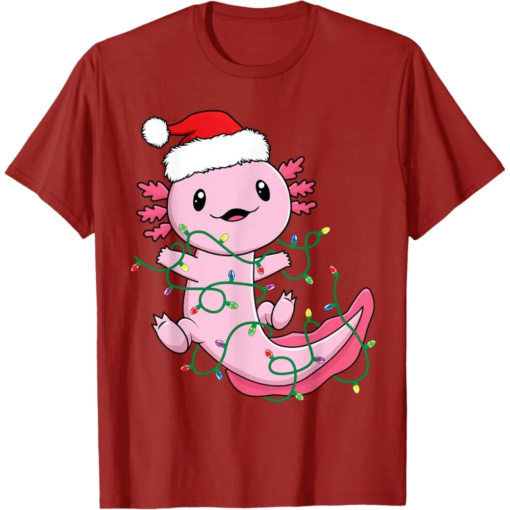 Funny Axolotl Men Unisex Christmas Xmas Lights T-Shirt Trending Street Fashion O-neck Printed T-shirt Tops Aesthetic Clothes