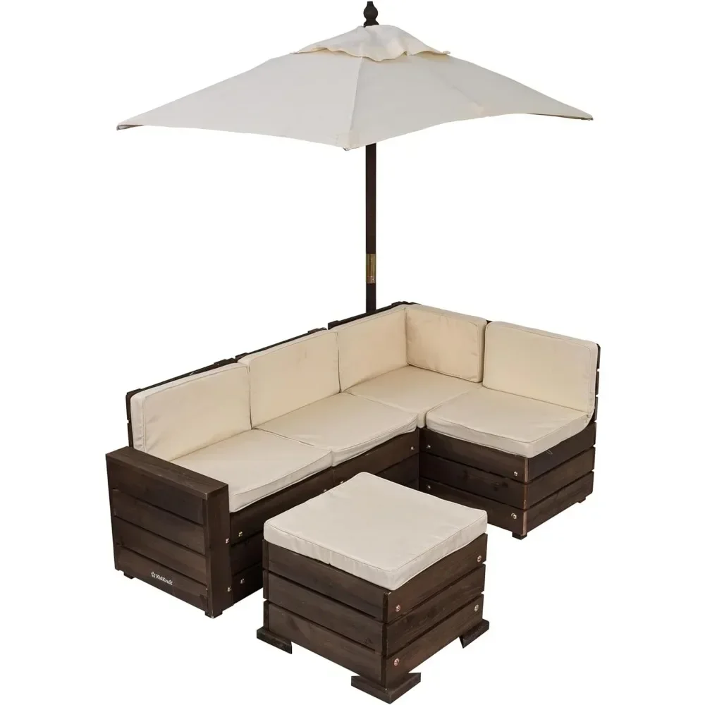 Wooden Outdoor Sectional Ottoman & Umbrella Set With Cushions Outdoor Furniture Sets Patio Furniture for Kids or Pets Sofa