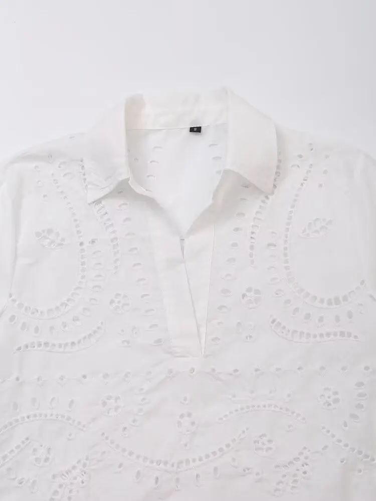 Dave&Di Minimalist Cotton Embroidered Hollowed Out Shirt Women Japanese Style Kimono Blouse Women Pullover Tops