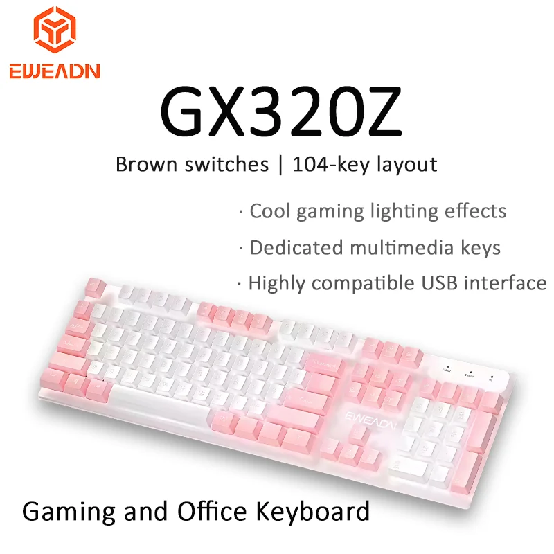 EWEADN GX320Z Game Color Blocking Film Keyboard USD Wired E-Sports White Light Office Computer Keyboard Pink
