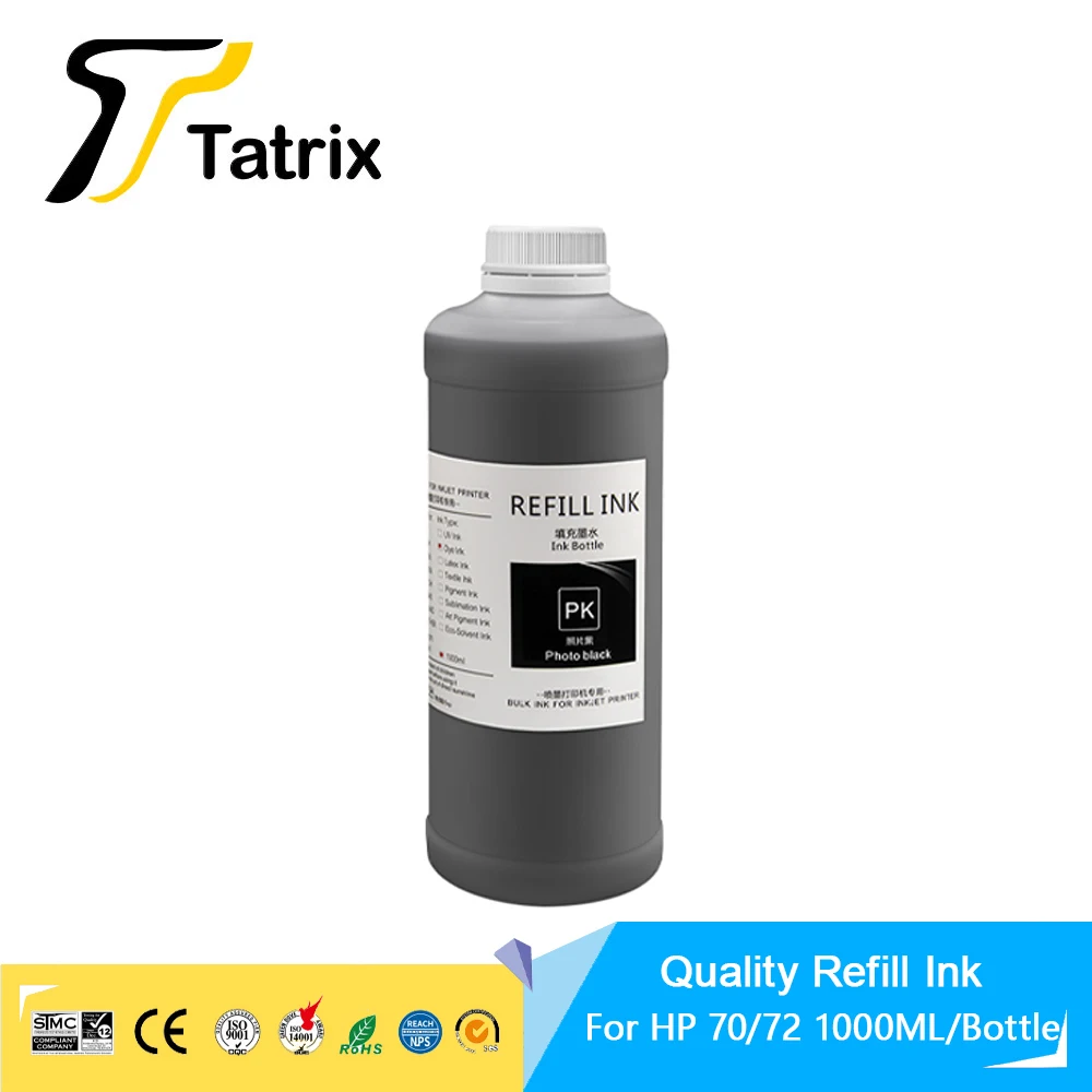 Tatrix 1000ML/Bottle Dye ink for HP70 HP72 Ink Cartridge for HP Designjet T1110 T1120 T1200 T1300 T2300 T610 Z5200 Z2100 Printer