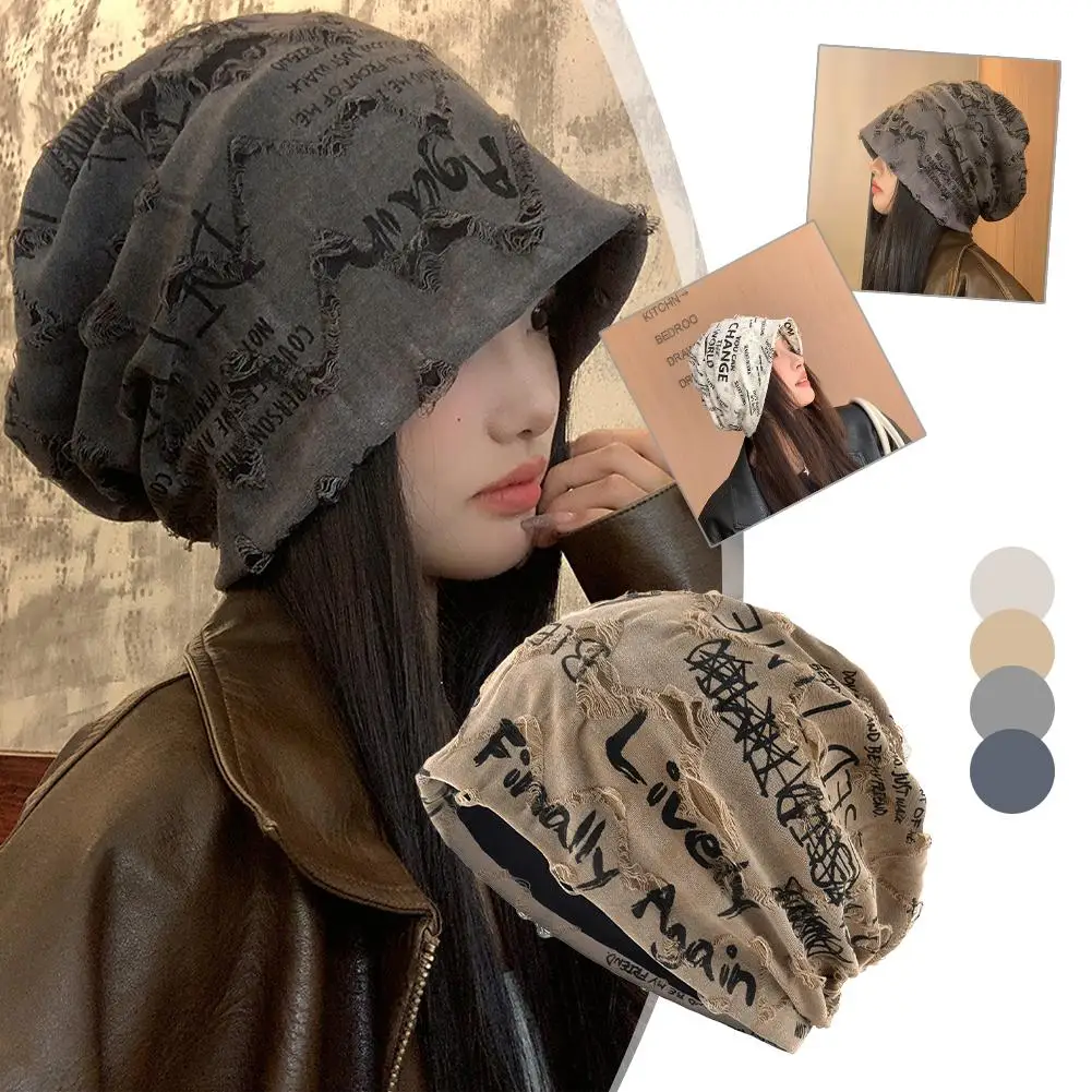 Letter Print Beanie Hats For Women Men Vintage Distressed Cracked Design ​Wasteland Style Spring Summer Warm Fleece-lined Winter