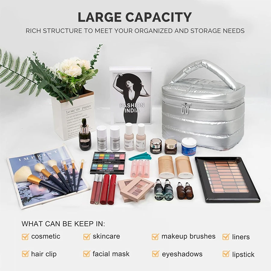 حقيبة مكياج منتفخة مقاومة للماء، قماش عصري ومتين، حقيبة مكياج ذات سعة كبيرة وحقيبة تخزين أدوات الزينة للسفر،