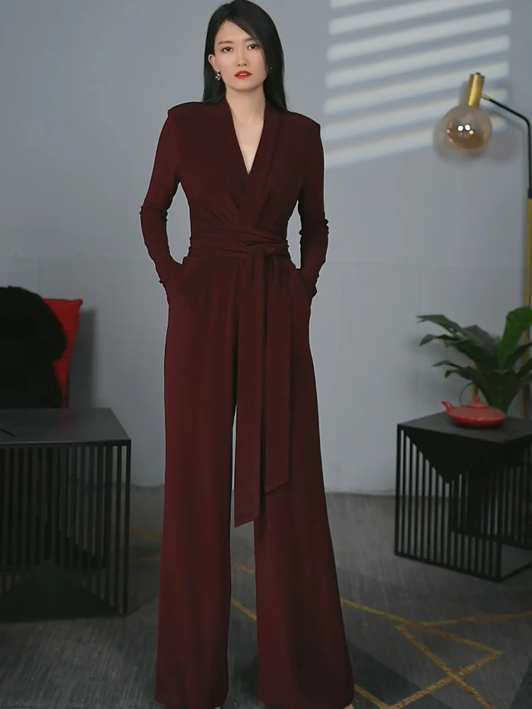 

Elegant High-Waisted Slim-Fit Jumpsuit Long Sleeve Fashionable Autumn Winter Long Pants Acidic Fiber Commute Style Wide Leg