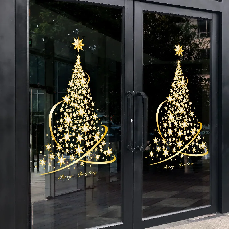 1PC Large Golden Christmas Tree Window Clings Stickers for Glass, Xmas Decals Home Decorations Holiday Christmas Decoration 2023