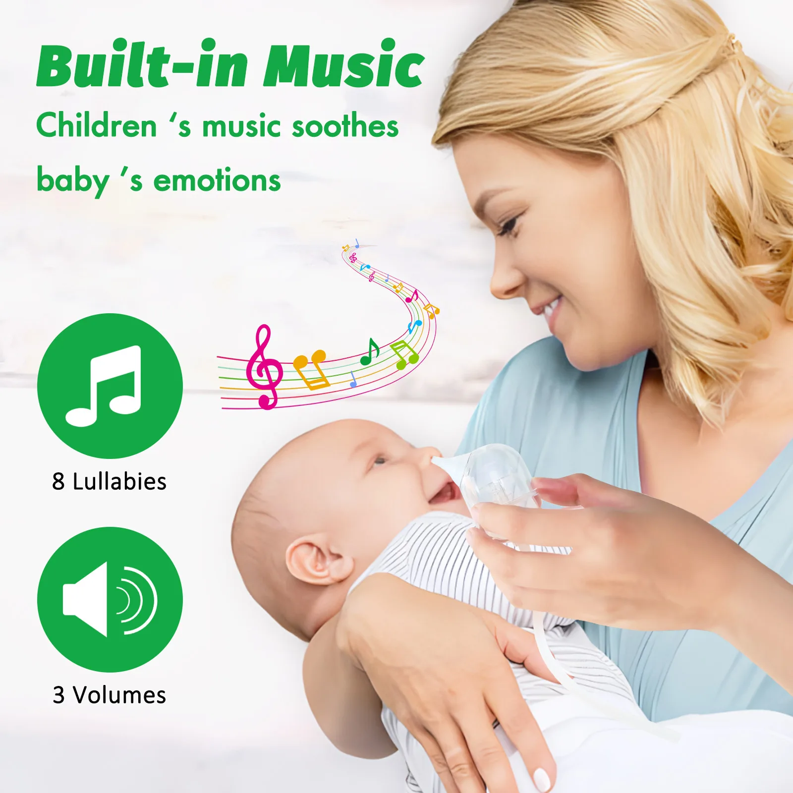 Baby Nasal Aspirator with 9 Suction Levels, Rechargeable Snot Sucker for Newborns, 2 Silicone Nozzles, Music & Night Light