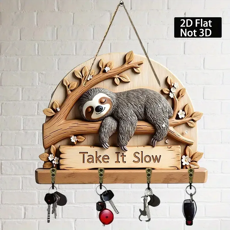 2D Flat Hooks, 1 Lazy Sloth Keychain with Four Metal Hooks, Suitable for Porch, Room and Villa Wall Decoration, All-Season Home