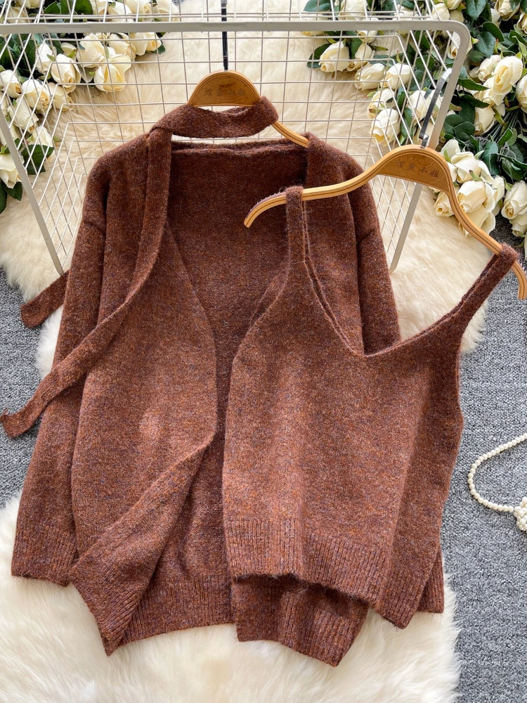 Korean Fashion Elegante Casual Zwei Stück Set Frauen Herbst Winter Faul Stil Schlank Leibchen Tops + Stricken Weiche Strickjacke Solide Outfit