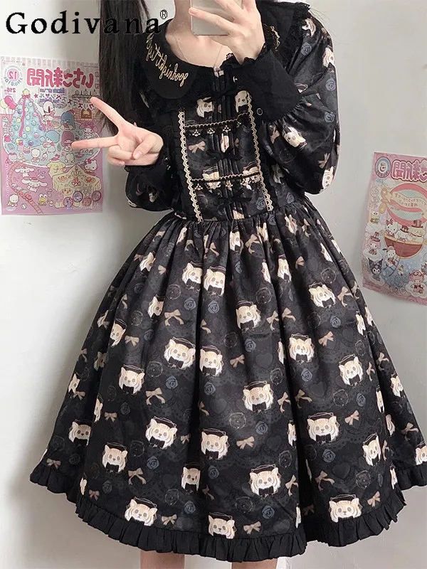 

2026 Spring New Lolita Dress Japanese Original Sweet Cute Girl Doll-Like Daily Cartoon Print Long-Sleeve Dress