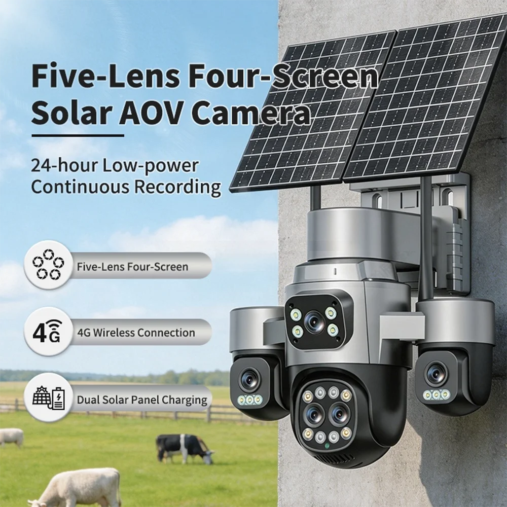 AOV 4G SIM/eSIM Solar Camara 5 Lens 4 Screens 20MP 18X ZOOM Outdoor Surveillance 360° Auto Tracking Security Protection 24-Hours