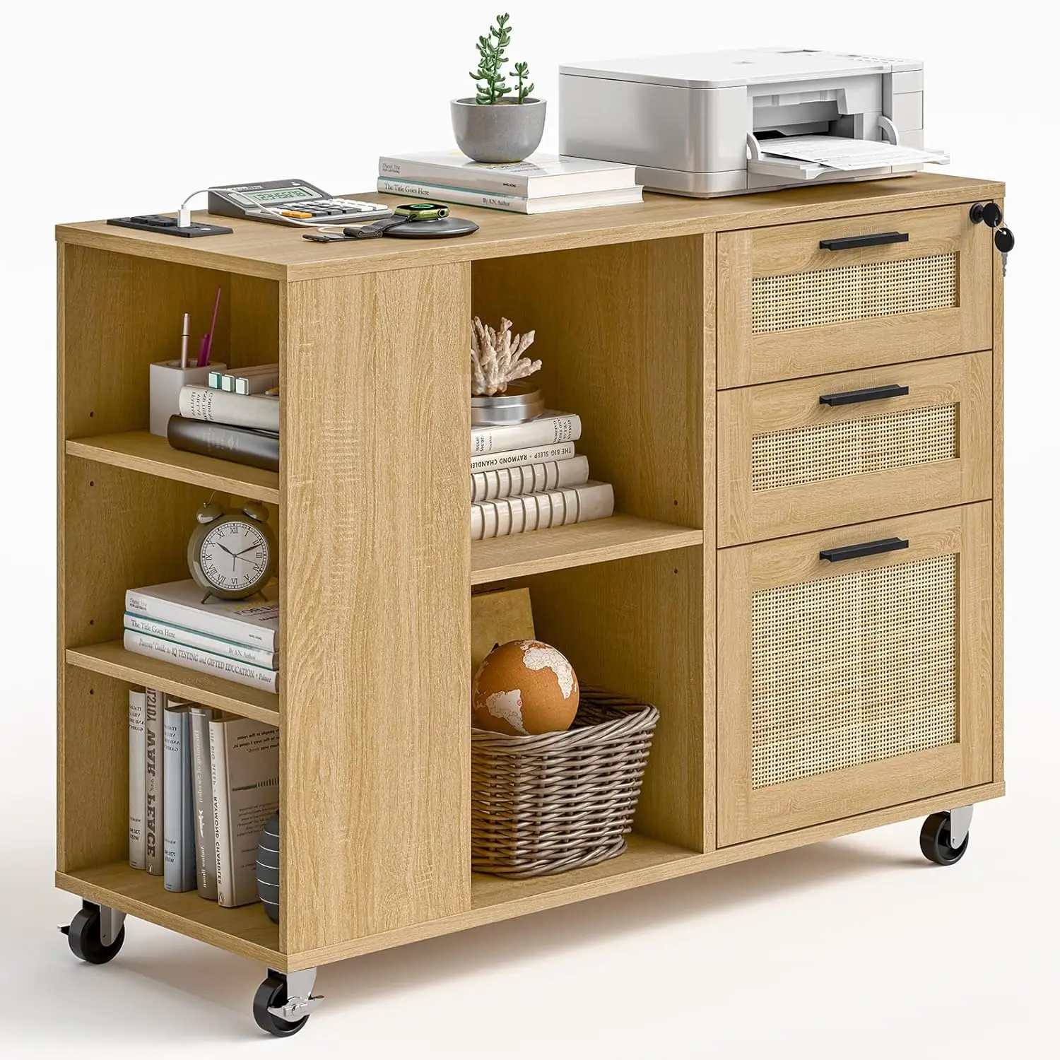 File Cabinet with Charging Station, 3 Drawer Lateral Mobile Rattan Filing Cabinet w/ Lock Wood Storage Organizer w/ Wheels