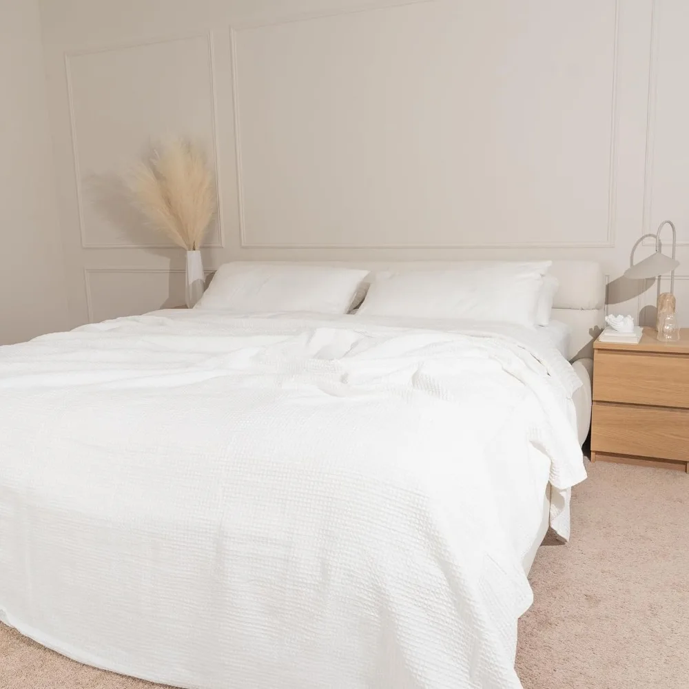 بطانية توأم بيضاء من القطن العضوي - نسج الوافل، 100% قطن عضوي، بطانية خفيفة الوزن قابلة للتنفس للأسرّة المزدوجة والتوأم XL