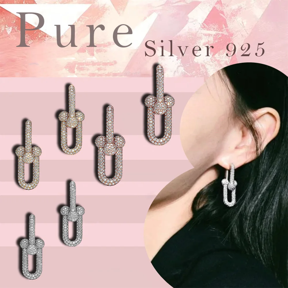 

Full set zircon U-shaped hollow pure silver earrings S925 women's earrings T home style Valentine's Day gift