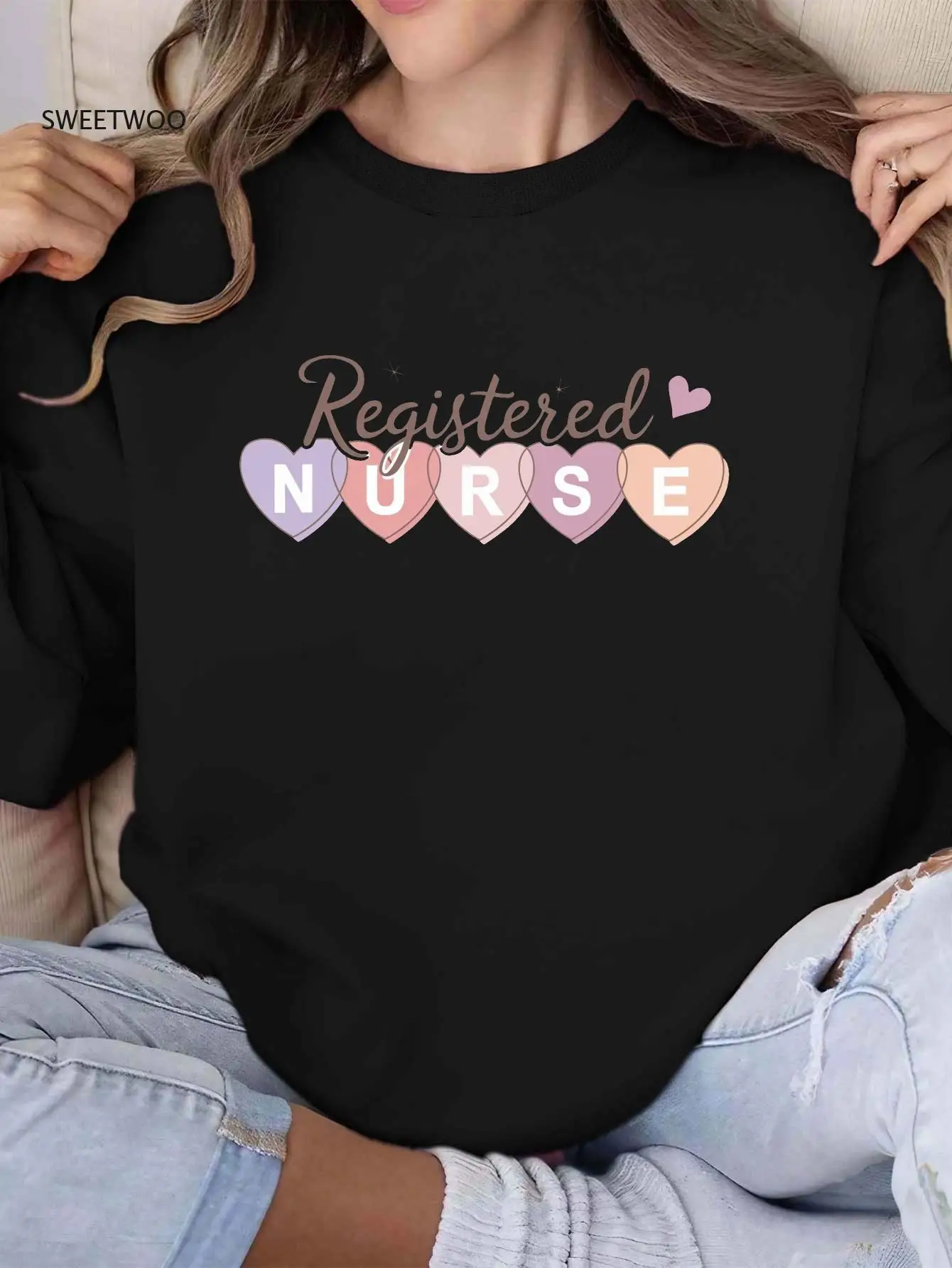 Registered Nurse In Hearts Women's Casual Crewneck Pullover with Multicolor Heart Design, Machine Washable,comfortable