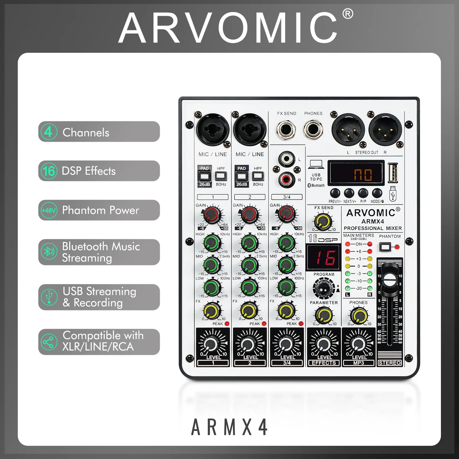 4-Channel Audio Mixer DJ Mixer with USB Audio Interface, Bluetooth Function, 16 DSP Effects, and 3-Band EQ ARVOMIC(ARMX-4)