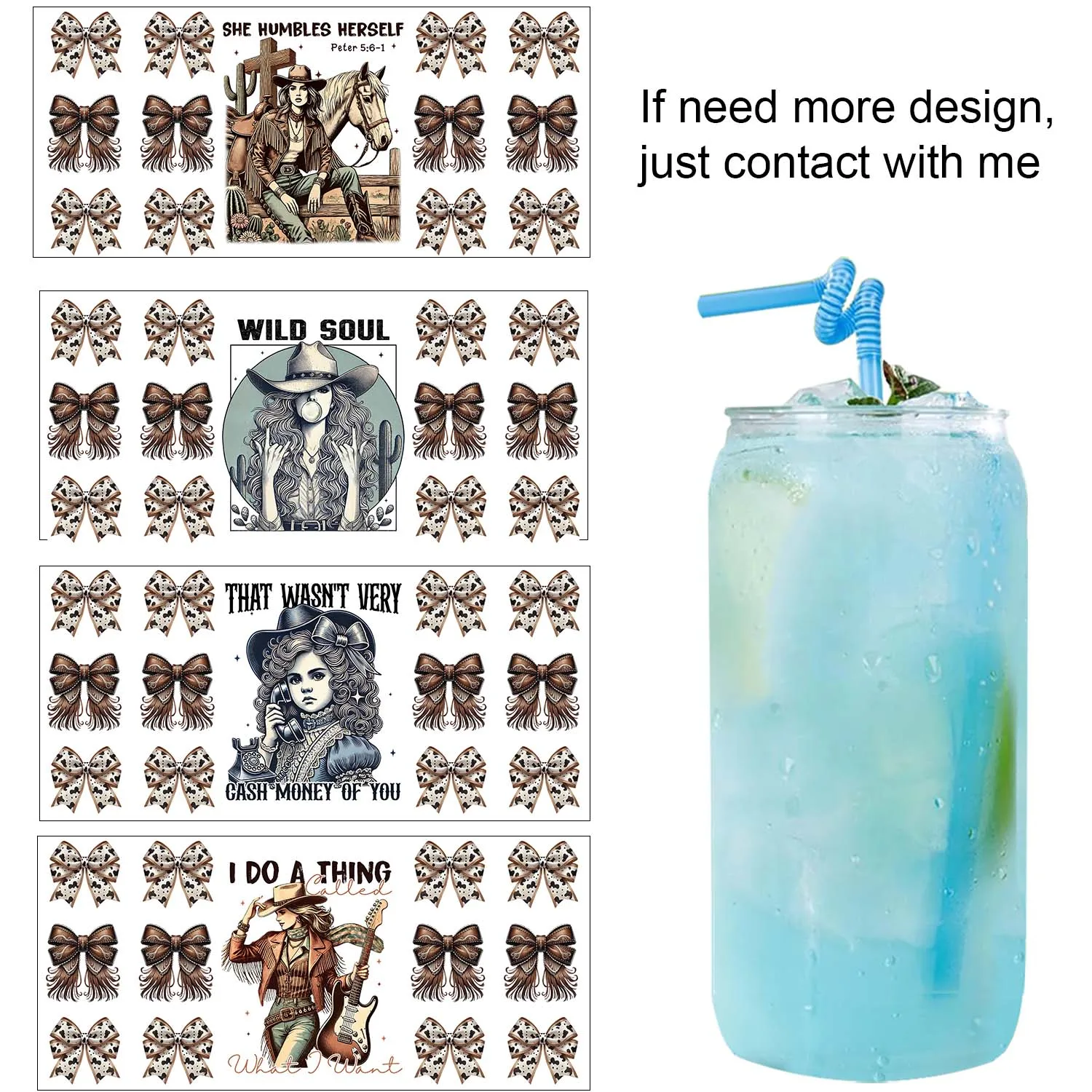 Bow Style Western Cowboy Girl UV DTF Sticker Waterproof DIY Decals 3D transfers uvdtf stickers 16oz uv dtf cup wraps