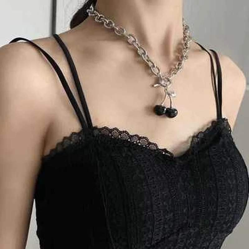 Trendy Black Cherry Clavicle Chain Necklace for Women Charms Silver Color Hollow Geometric Necklace Party Jewelry Accessories