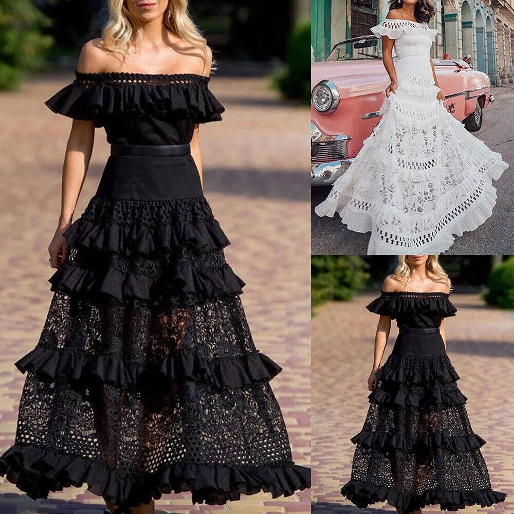 Elegante Off Shoulder Effen Ruche Lange Avondjurk Zomer Mode Mouwloze Swing Jurk Klassiek Kant Holle Feest Sexy Jurk