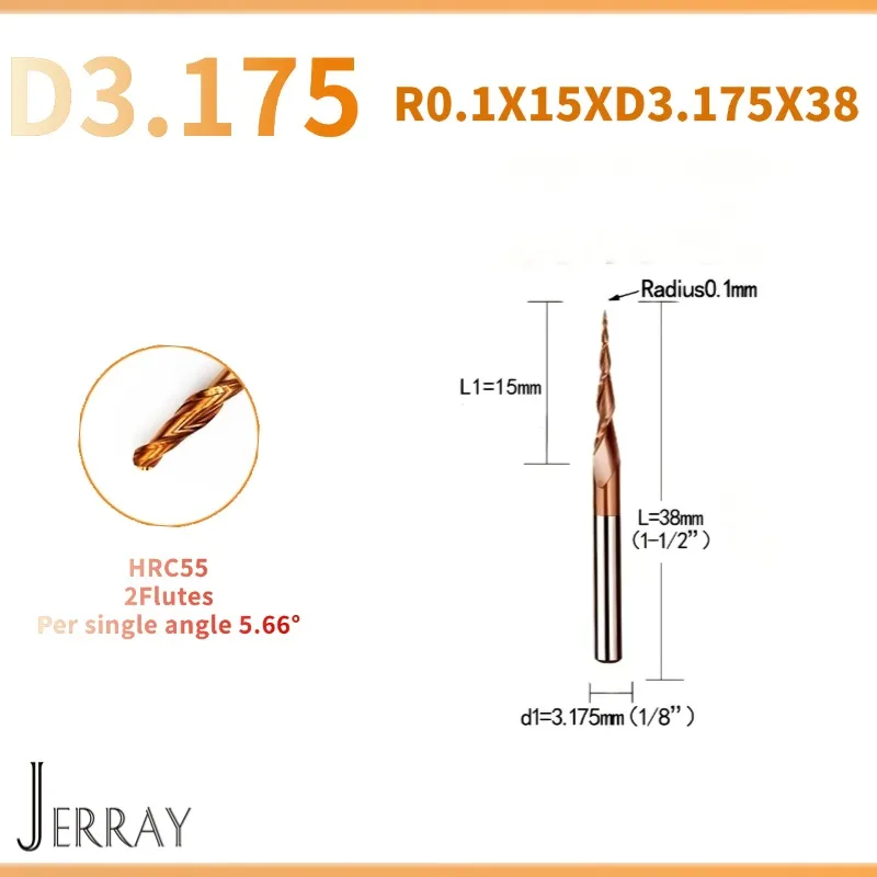 

JERRAY HRC55 2Flutes Tungsten solid carbide Tapered Ball Nose End Mills Wood working CNC MILLING cutter R0.1X15XD3.175X38 mm