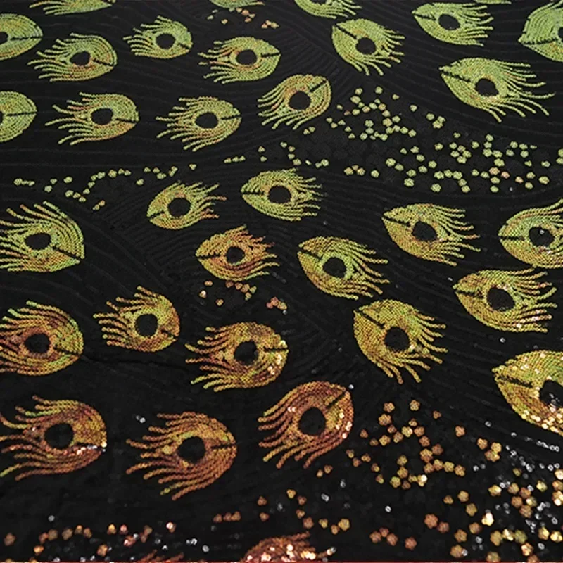 

Black Gold Embroidery Flower Sequins Peacock African Velour Fabric for Dress Wedding Party Sewing Wide 125cm Sold By The Yard
