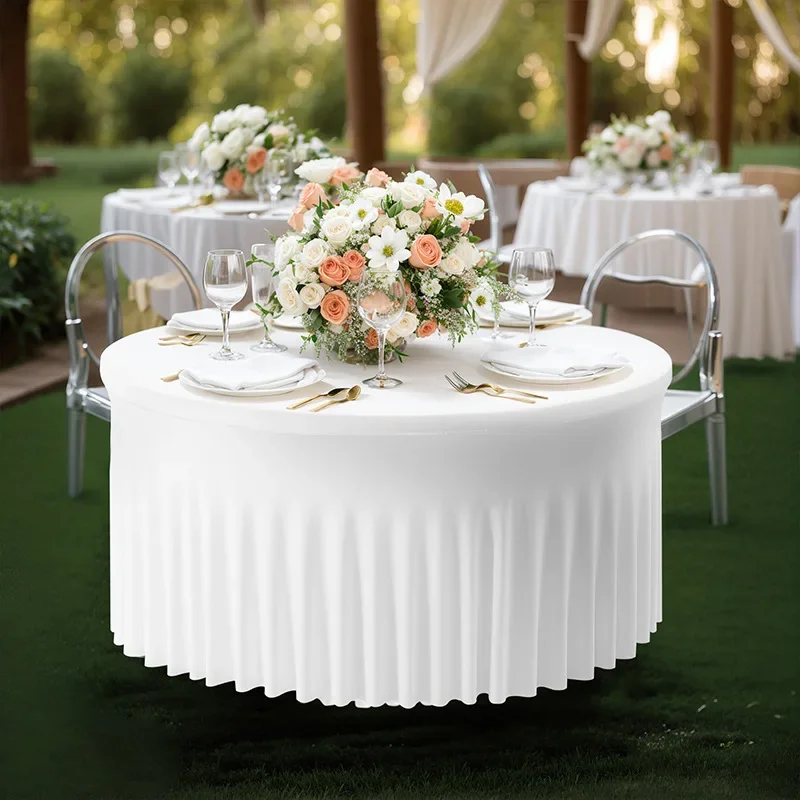 White Polyester Elastic Tablecloth Cover Wedding Banquet Round Spandex Table Skirt Conference Office Tablecloth Party Decoration