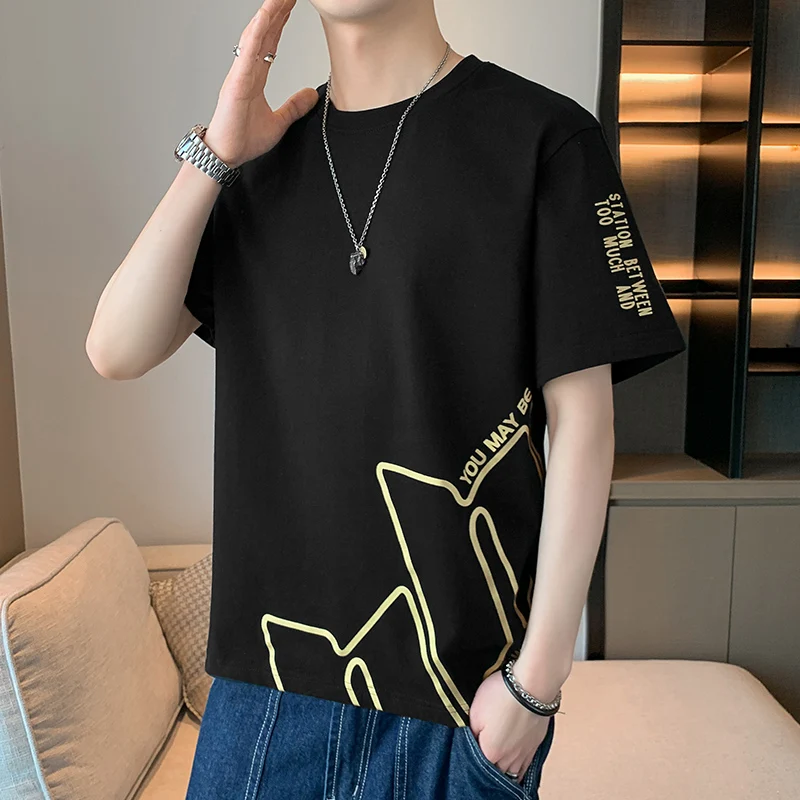 

Fashion O-Neck Printed All-match Asymmetrical T-Shirt Men's Clothing 2024 Summer New Oversized Casual Pullovers Korean Tee Shirt