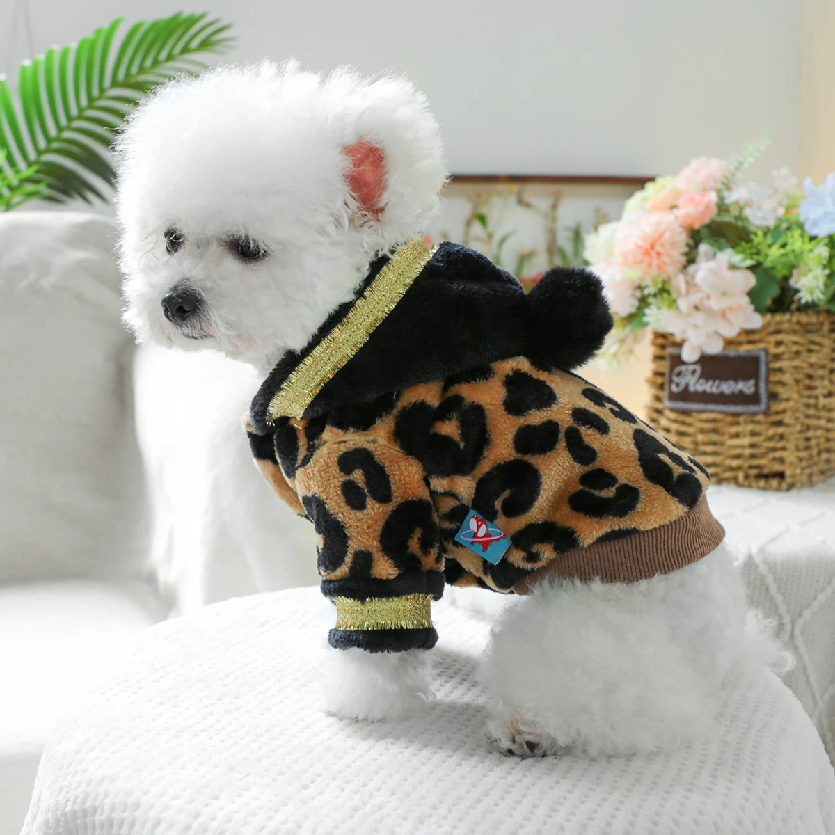 1PC pet clothing leopard print black gold flannel hoodie autumn and winter thick coat suitable for small and medium-sized dogs