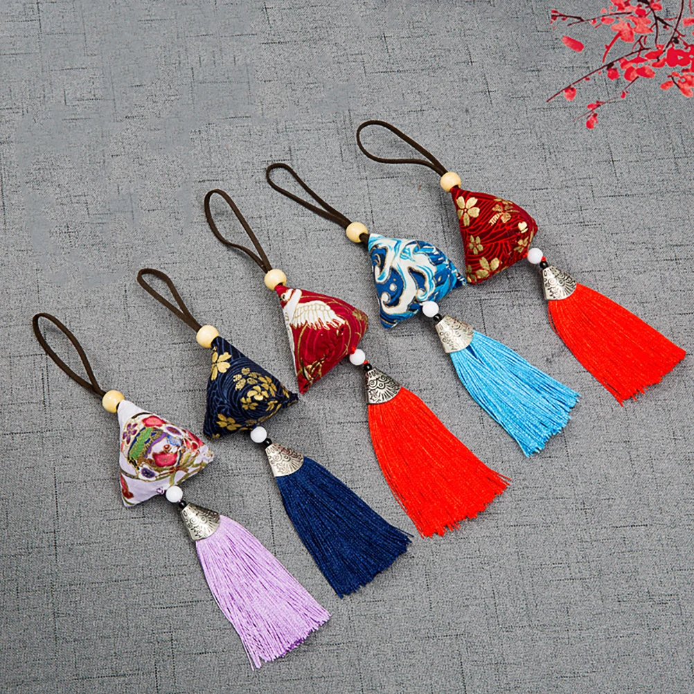 

5pcs Handmade Blessing Sachet Tassel Pendants Imported Gold Stamping Fabric Lavender Scented Non-Fading Ornamental