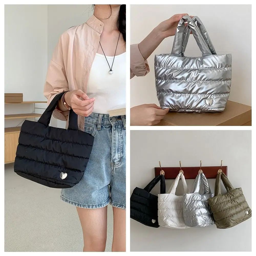 

Cute Korean Style Space Cotton Tote Bag Plaid Silver Nylon Handbag Solid Color Lightweight Cloud Bag Autumn Winter