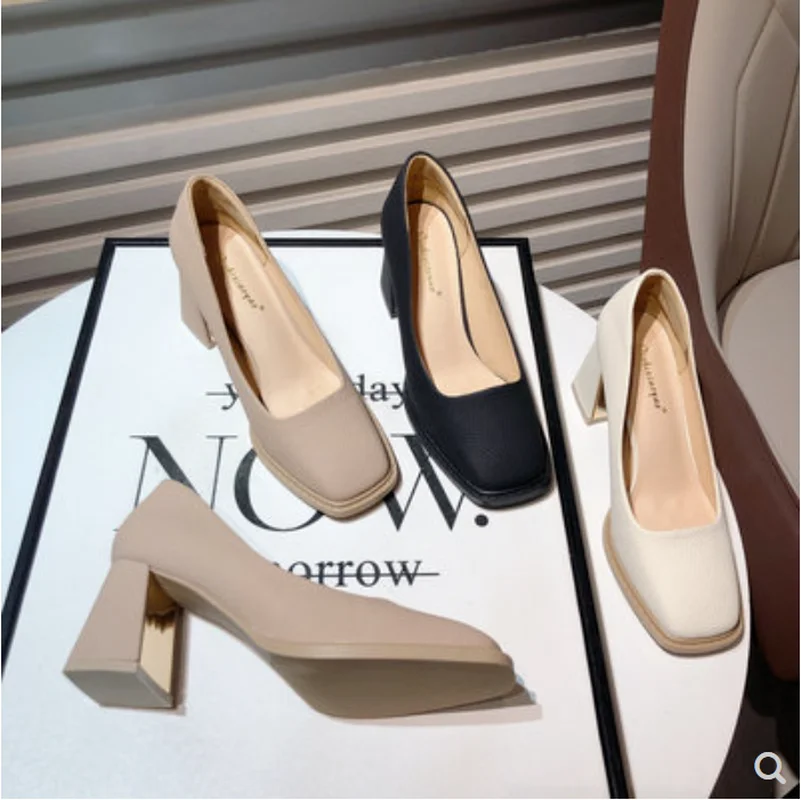 Sexy Retro Pumps for Women Shoes Temperament Square Toe Thick Heel Ladies Dress Shoes High-heeled OL Fashion High Heels 2024 New